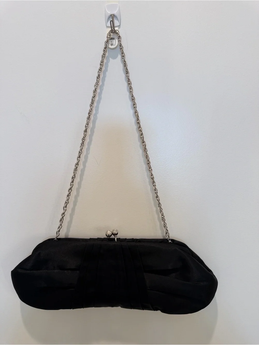 White House Black Market Black Satin Clutch with Silver Chain - Picture 6 of 6